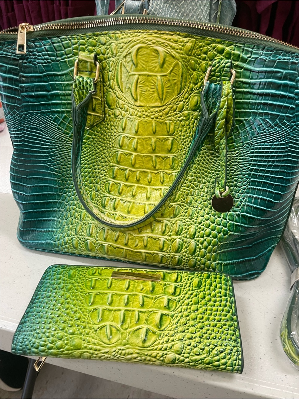 Brahmin Green to Teal Ombre Croc-Embossed Tote with Matching Wallet